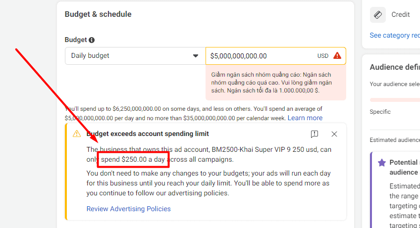 BM5 $250 reinstated, created 2024 (daily spend limit $250, users can create up to 4/5 new ad accounts and customize the timezone, currency, country)